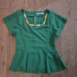 Prada Emerald Green Top with Multicolor Chain Accent
